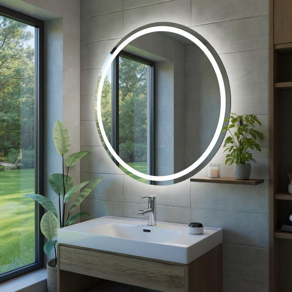Desensiz LED Işıklı Yuvarlak Banyo Aynası - Beyaz Işık