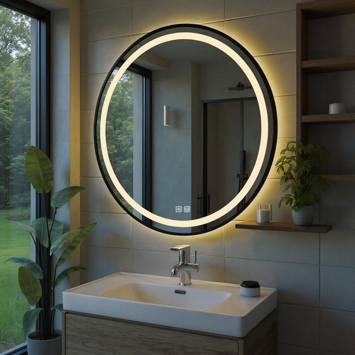 Buğu Çözücülü, Dokunmatik Tuşlu, LED Işıklı Yuvarlak Banyo Aynası - Gün Işığı