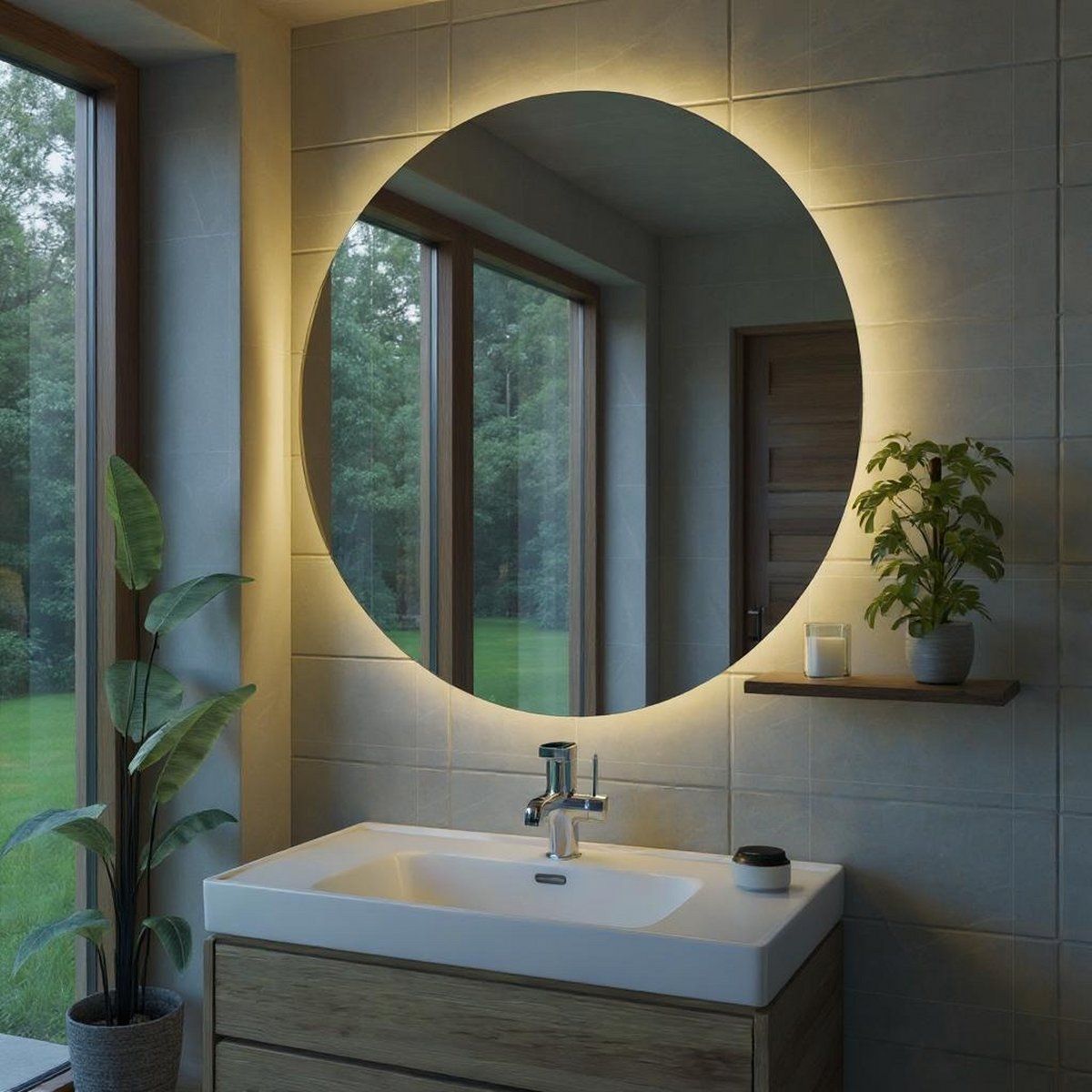 Desensiz LED Işıklı Yuvarlak Banyo Aynası - Gün Işığı