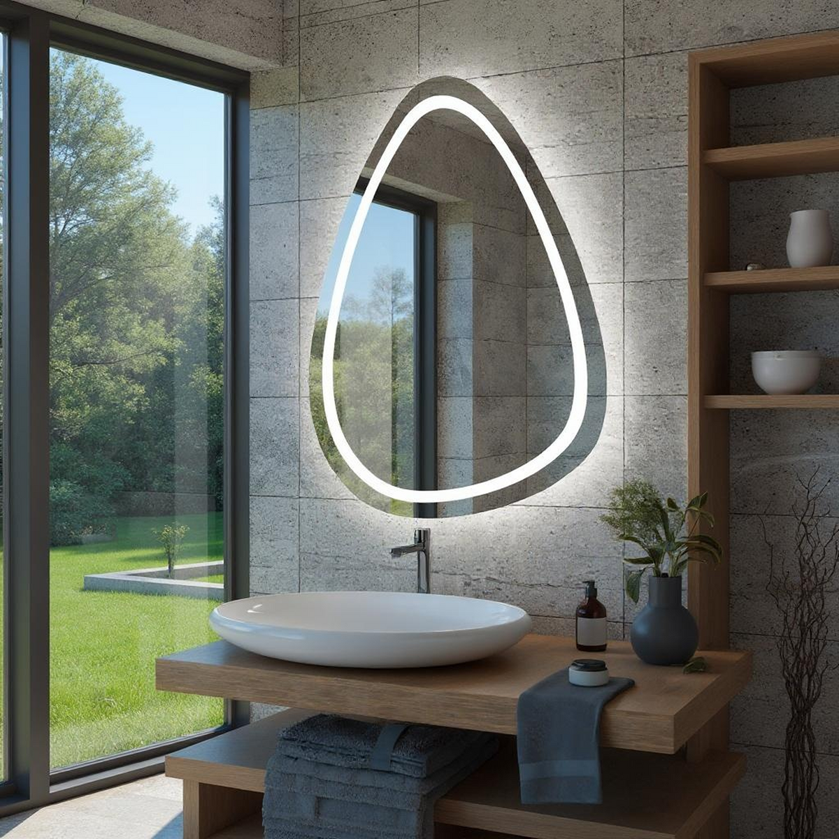 LED Işıklı Asimetrik Banyo Aynası - Beyaz Işık