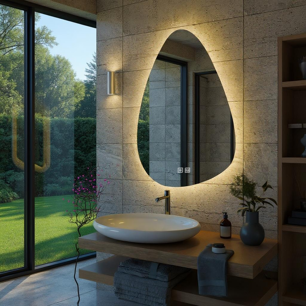 Desensiz Buğu Çözücülü, Dokunmatik Tuşlu, LED Işıklı Asimetrik Banyo Aynası - Gün Işığı