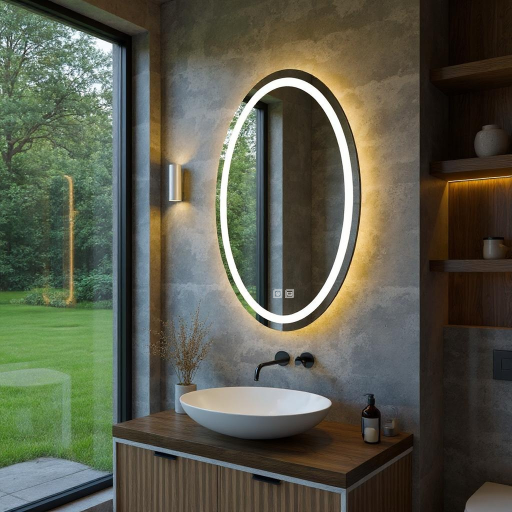 Buğu Çözücülü, Dokunmatik Tuşlu, LED Işıklı Elips Banyo Aynası - Gün Işığı