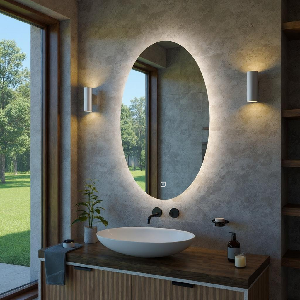 Desensiz Dokunmatik Tuşlu ve LED Işıklı Elips Banyo Aynası - Beyaz Işık