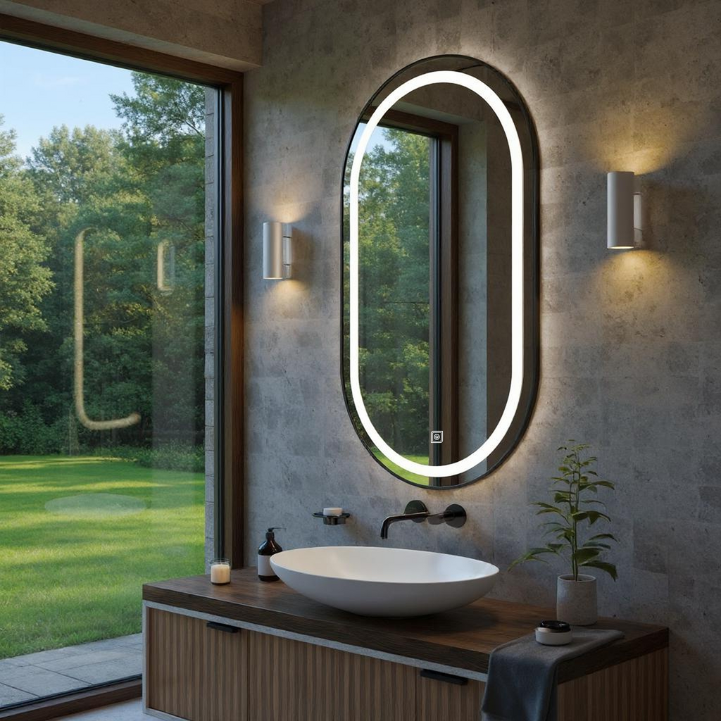 Dokunmatik Tuşlu ve LED Işıklı Oval Banyo Aynası - Beyaz Işık