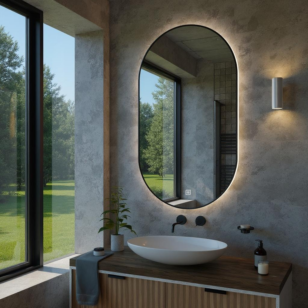 Desensiz Dokunmatik Tuşlu ve LED Işıklı Oval Banyo Aynası - Beyaz Işık