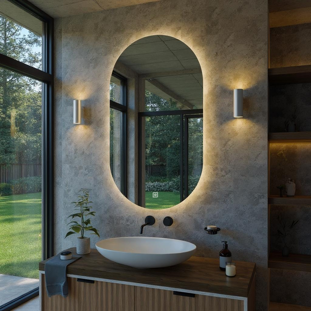 Desensiz Dokunmatik Tuşlu ve LED Işıklı Oval Banyo Aynası - Gün Işığı