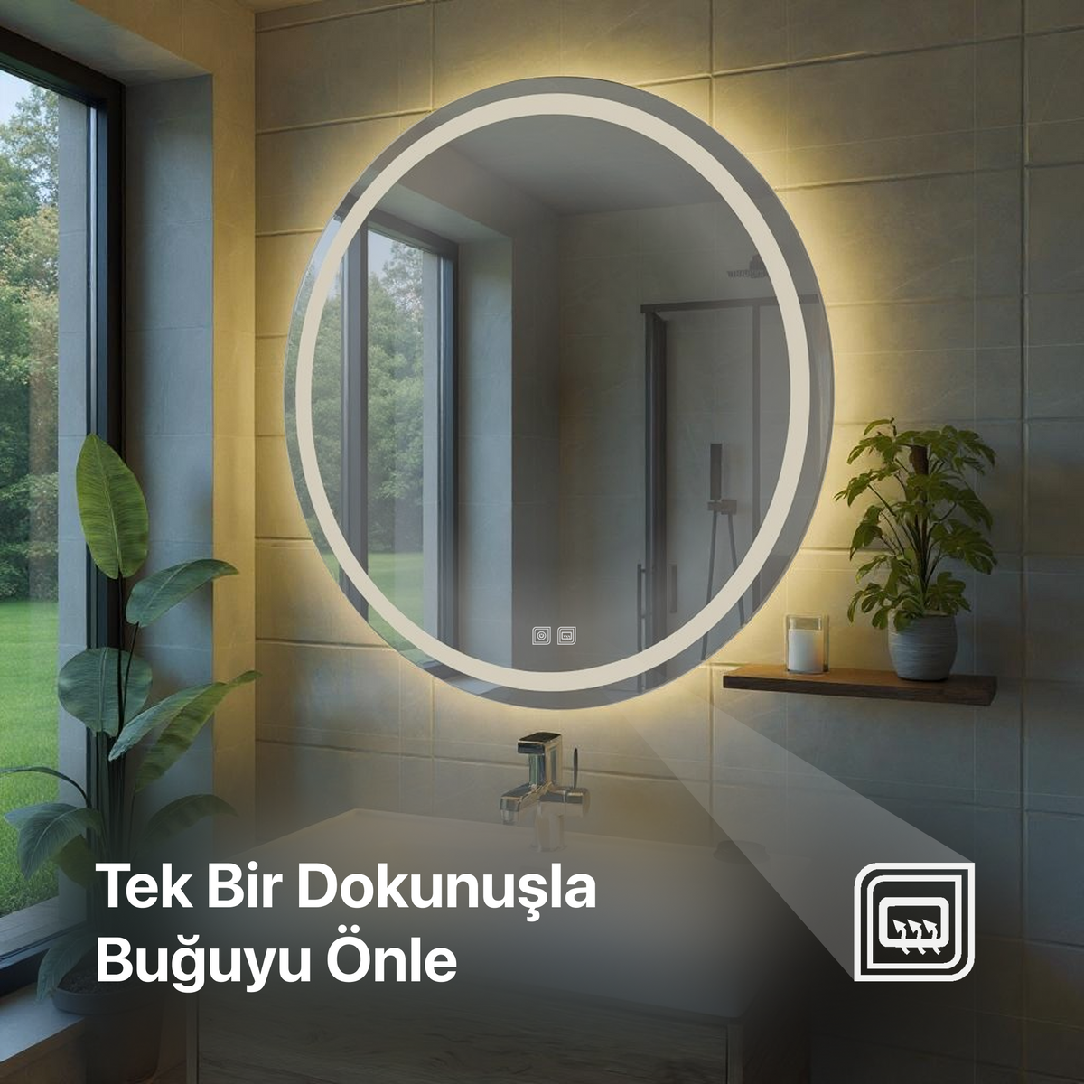 Desensiz Bluetoothlu, Buğu Çözücülü, Dokunmatik LEDli Elips Ayna - Beyaz Işık